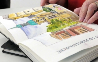 Ausstellung "Mit schnellem Stift": In den Zeichnungen werden Bauwerke rund um Dortmund präsentiert.- Foto: Melina Beierle/Architektenkammer NRW