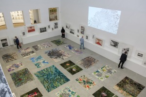 Blick in einen Ausstellungsraum. Auf dem Boden liegen Teppiche mit Gemälden und Fotografien, an der Wand stehen auf Sockeln Fotografien. - Foto: Detlef Podehl