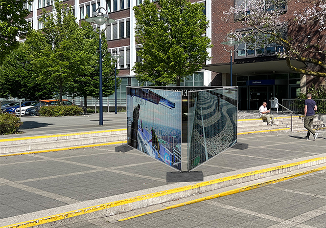 Bauzäune im öffentlichen Raum, dahinter sind Pflanzen, Gebäude und Menschen. - Bildcredit: Simulation public preposition: Baukunstarchiv NRW © Studio Mischa Kuball