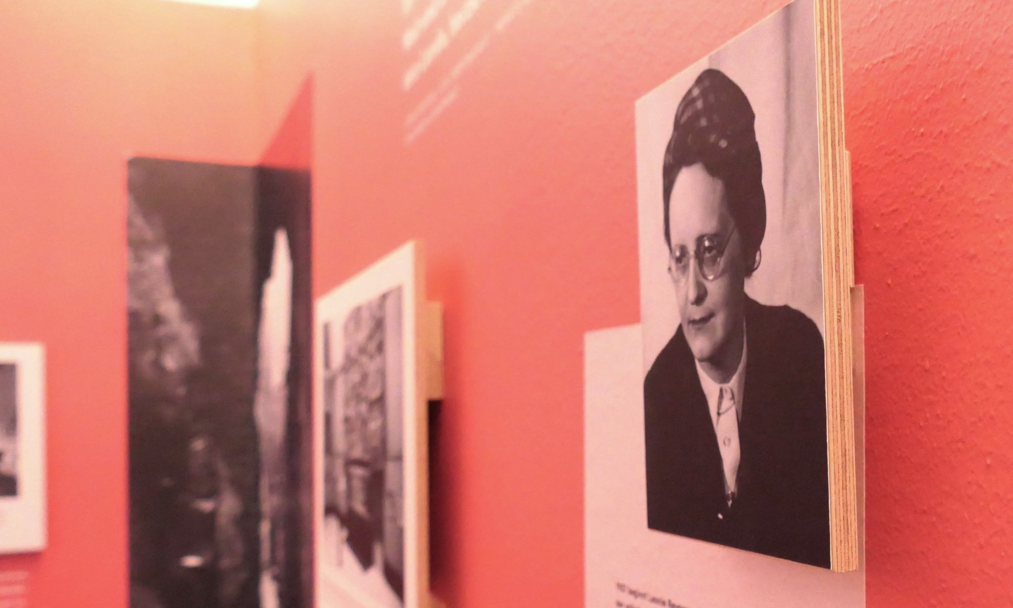 Blick in eine Ausstellung mit Text- und Fototafeln, die in schwarz/weiß dargestellt werden.