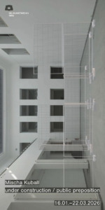 Einladungsflyer: Mischa Kuball – under construction / public preposition – im Baukunstarchiv NRW im Januar 2026 Cover Ausstellung Drama, Raum und Licht, Elisabeth Brockmann