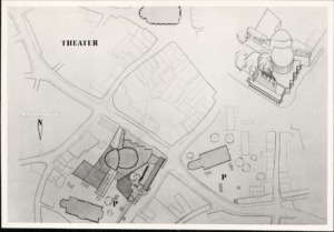 Zeichnung des Stadttheaters Münster: Lageplan mit Perspektivzeichnung; Urheber: Architektenteam Münster (Deilmann, von Hausen, Rave, Ruhnau); Quelle: Baukunstarchiv NRW, Bestand Harald Deilmann