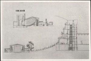 Zeichnung des Stadttheater in Münster: Schnitt durch das Gebäude und den Zuschauerraum; Urheber: Architektenteam Münster (Deilmann, von Hausen, Rave, Ruhnau); Quelle: Baukunstarchiv NRW, Bestand Harald Deilmann