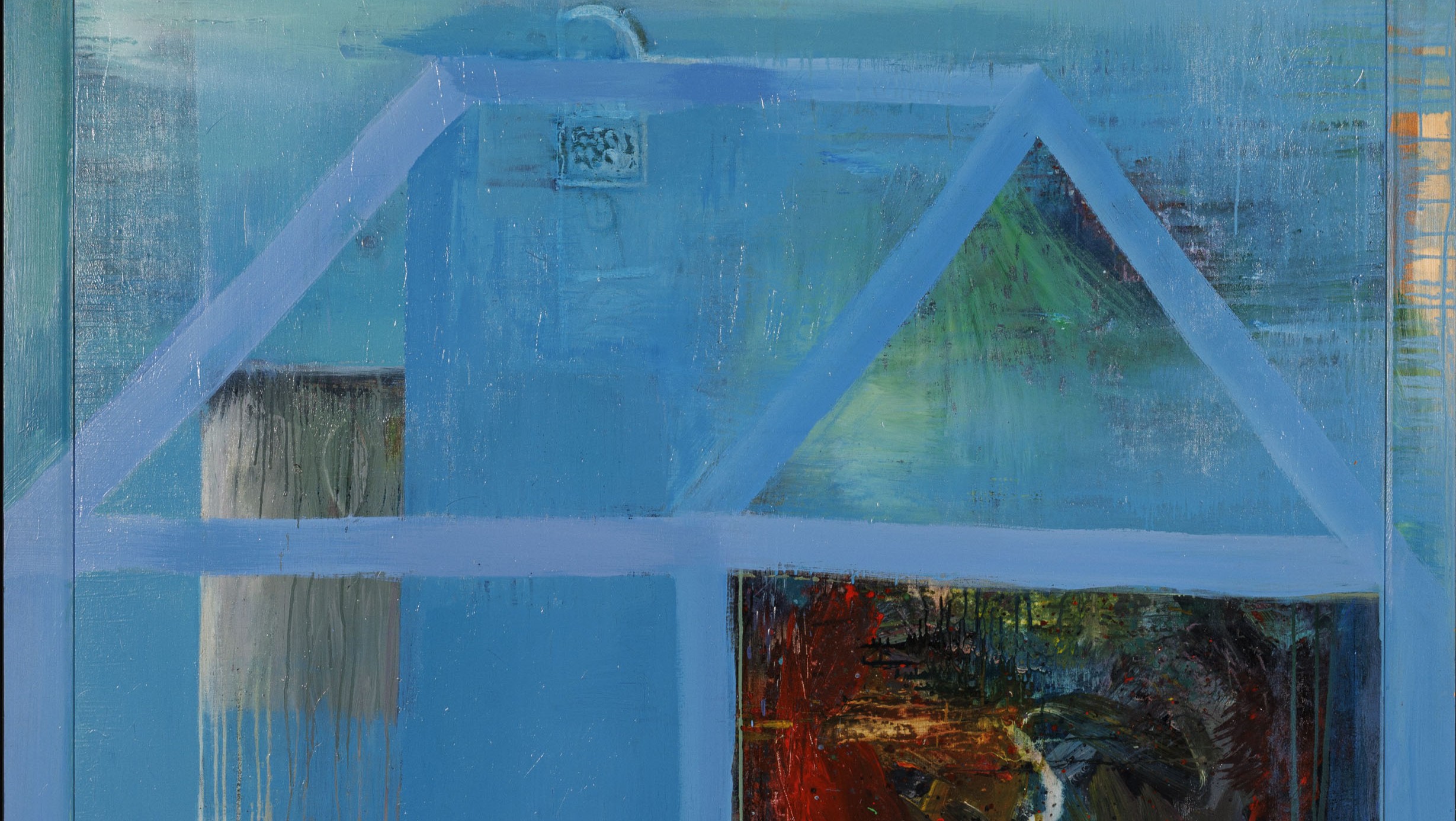 Ein Gemälde zeigt ein Gebäude.