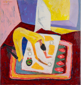 Ein Gemälde zeigt eine Person und bunte Farben.